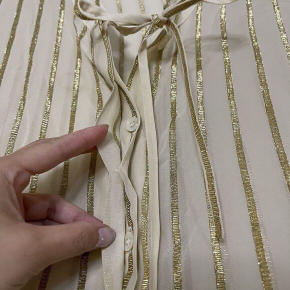 NEW! ETRO ivory gold striped button down silk blouse tie collar IT 48 US L $800 - Picture 3 of 7